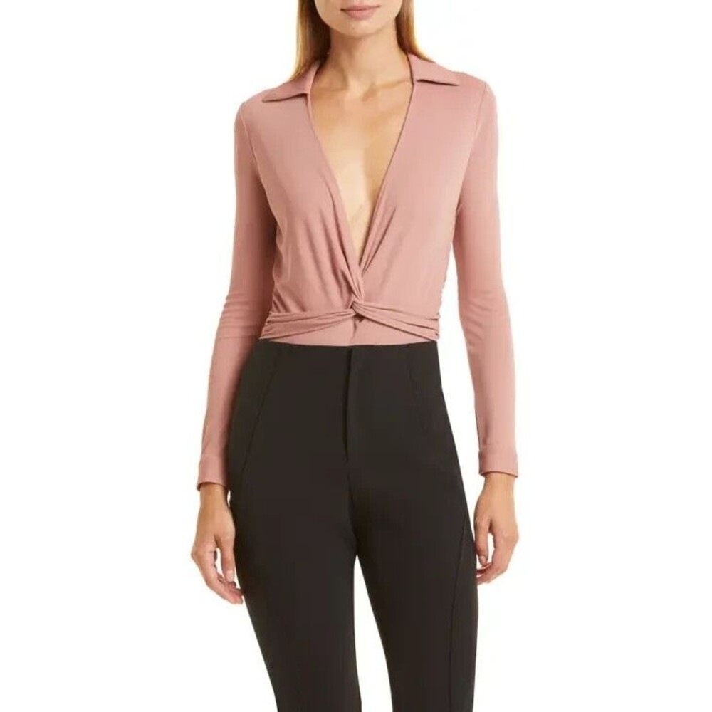 Donna Karan womens Rose Nude Knit Plunging Twist Front Bodysuit size Small $175